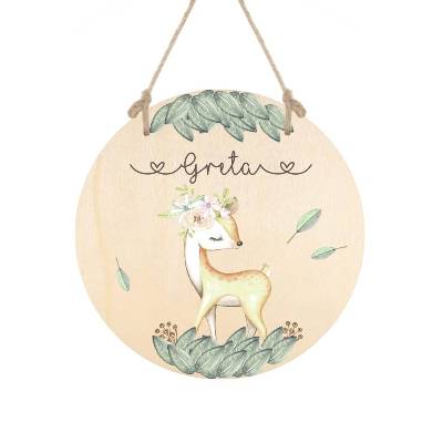 Namensschild für Mädchen mit Rehkitz und Namen, Rundes Türschild für das Kinderzimmer aus Holz