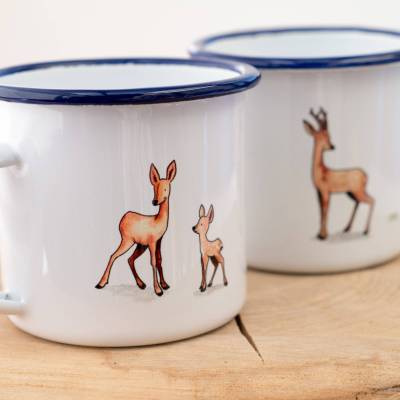 Emaille-Tasse Reh-Familie, Geschenk Tasse mit Rehen, Kindertasse zum Geburtstag, Personalisierbar