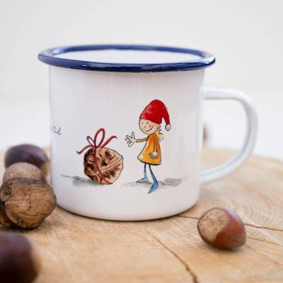 Frühstücks-Tasse Emaille oder Keramik, Geschenk Tasse mit kleinem Wichtel, Kindertasse zum Weihnachten, Personalisierbar