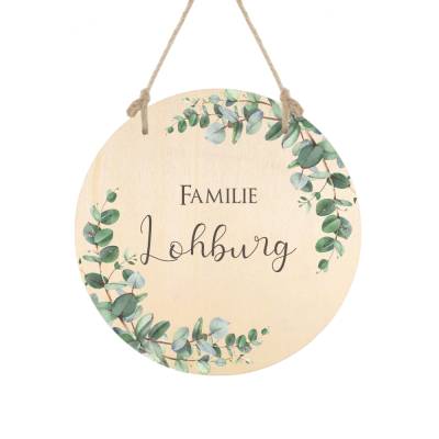 Eukalyptus Türschild, personalisiert mit dem Namen des Familie, Rundes Familienschild aus Holz