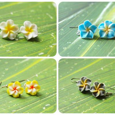 Ohrringe nach Wahl Frangipani Blume Blüte Polymer Clay Hawaii gelb blau weiß grau Fimo Ohrhänger