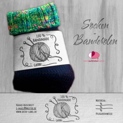 6 Sockenbanderolen: Handmade - grau -  personalisierbar | mit transparente Klebepunkte