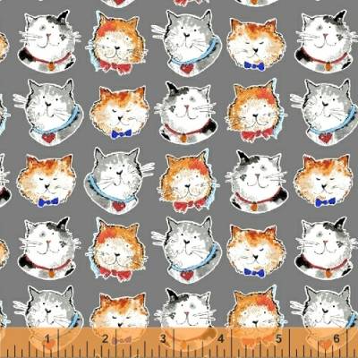 Patchworkstoff von Windham mit Katzenköpfen auf mittel grau aus Baumwolle zum Nähen