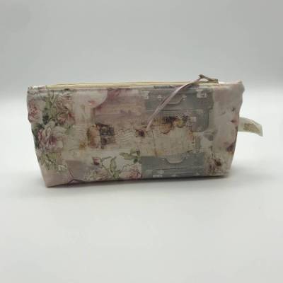 Kleine Kosmetiktasche, Federmäppchen, altrosa, grau mit nostalgischen Motiven