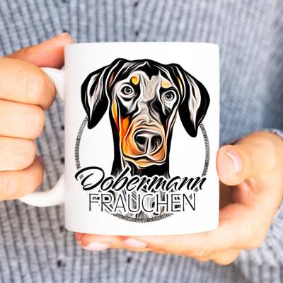 Hunde-Tasse DOBERMANN FRAUCHEN mit Hunderasse im Cartoon-Stil┊tolle Geschenkidee für Hundebesitzer