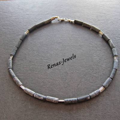 Herren Kette Edelstein Achat Männerkette Edelsteinkette schwarz grau silberfarben Achat Perlen Herrenkette