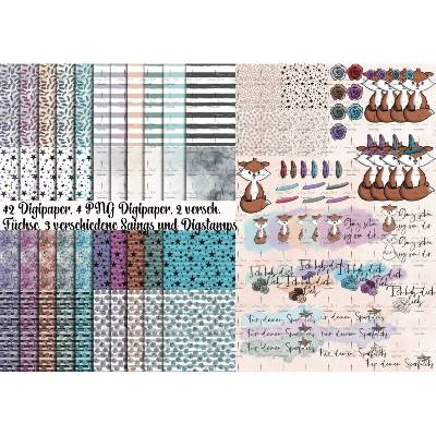42 Digipaper Fuchs JPEG hohe Qualität (300 DPI) Flo und Flora + Digistamps und Sayings