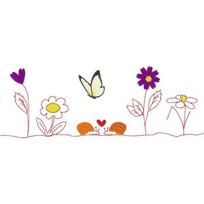 Stickdatei Schneckenliebe mit Blumen, Schmetterling, Herz, verliebten Schneckchen, Blüten als Verzierung