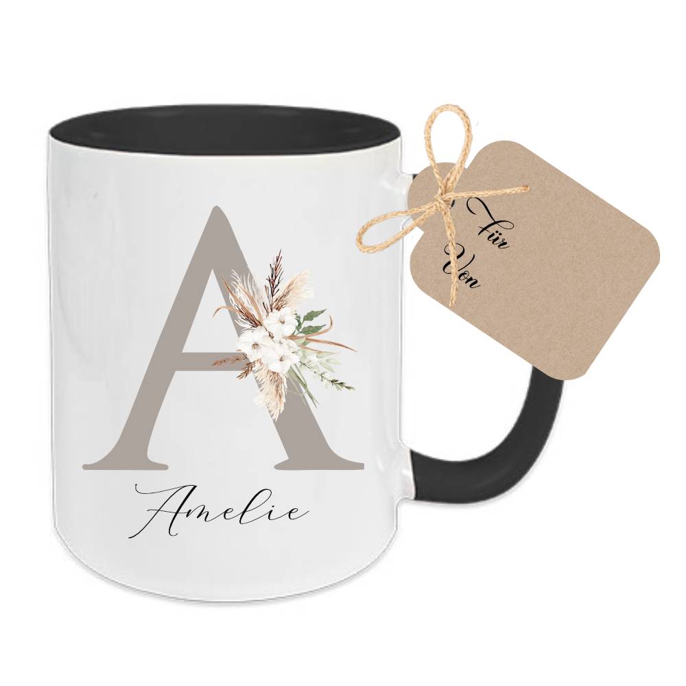 Personalisierte Namenstasse für Frauen mit Buchstaben u. Namen, Florale Tasse aus Keramik für Sie als Geschenk