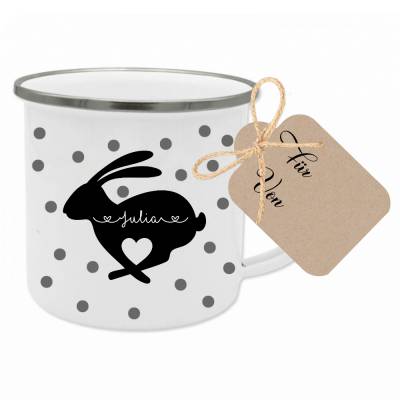 Tasse als Geschenk zu Ostern mit Namen und Osterhasen, Personalisiertes Ostergeschenk aus Emaille mit Geschenkanhänger