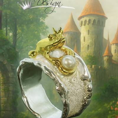 Goldschmiede Froschring "Froschkönig mit Perle" in 925er Sterling Silber mit Teilvergoldung, märchenhaft