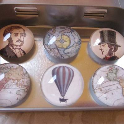 Magnete Kühlschrankmagnete Vintage Landkarte Heißluftballon Beige Hellblau "Monsieur" 6er Set