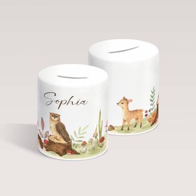 Personalisierte Spardose *Waldtiere* aus Keramik mit Name für Kinder / Geschenk für Einschulung, Geburt und Taufe
