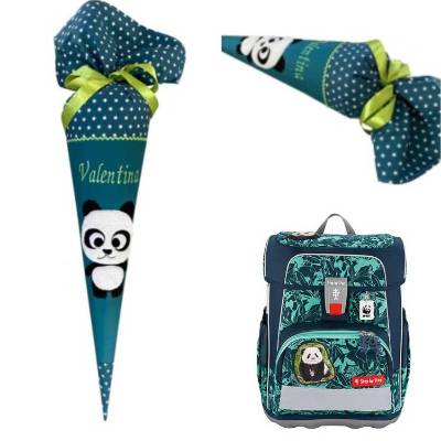 Schultüte Panda, Zuckertüte in petrol mit Namen bestickt für Step by Step Schulranzen