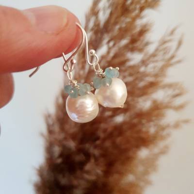 Hochzeitsohrringe Silber mit  weißer Perle und türkisem Apatit