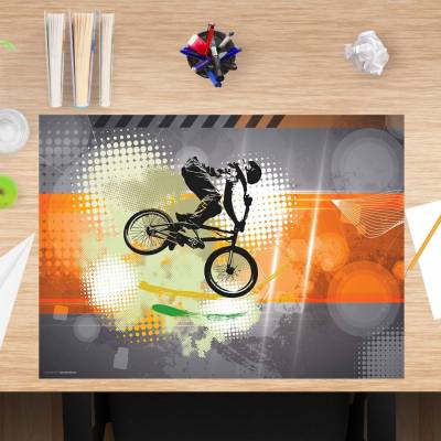 Schreibtischunterlage Kinder "BMX Orange" 60 x 40 cm groß – Schreibunterlage abwischbar aus Premium Vinyl – Made