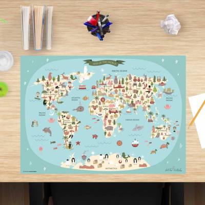 Schreibtischunterlage Kinder– Weltkarte – 60 x 40 cm – Schreibunterlage abwischbar aus erstklassigem Premium Vinyl – Mad