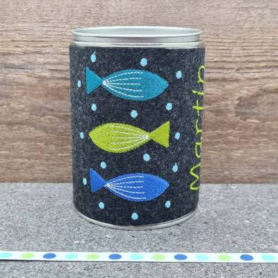 Personalisierbare Spardose mit Filzmantel und Fisch-Symbol – Geschenk zur Taufe, Konfirmation, Kommunion oder Geburt 