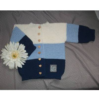 Handgemachte Babyjacke *Fritz* aus Merinowolle – Gr. 68-74, Dunkel- & Hellblau, Unikat