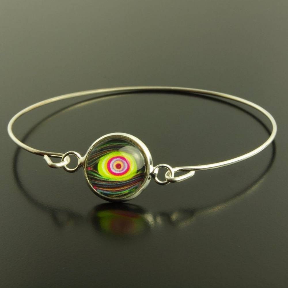 Armreif Cabochon Glas bunt Pfau Feder silbern