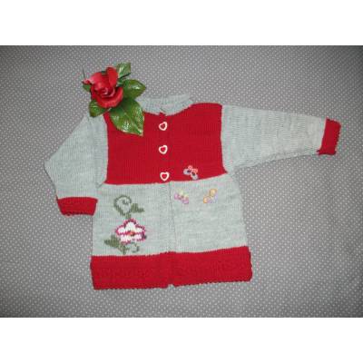 Handgemachte Babyjacke *Agata*  aus Merinowolle, Gr. 68-74, rot-grau, Unikat im Landhausstil