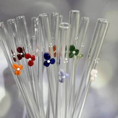 Glas-Trinkhalm mit handgefertigter Blume – Unikat, 23 cm, gerade