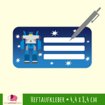12 Heftaufkleber | Roboter blau - Schulaufkleber zum selbstbeschriften - 4,4 x 8,4 cm
