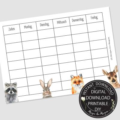 FREEBIE - GESCHENK  | Stundenplan  | Wald Tiere Kinder | A4 zum selbst drucken | PDF Datei