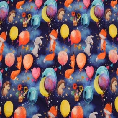 Baumwolljersey Fuchs Hase Igel Luftballon Blumen Herzen dunkelblau–Kinderstoffe ökotex100 Meterware Jersey Stoffe nähen