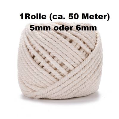 1 Rolle Baumwollkordel, Flechtkordel, natur, 5mm oder 6mm