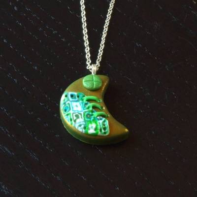 Kette silber Fimo Clay Mond grün Steampunk gold