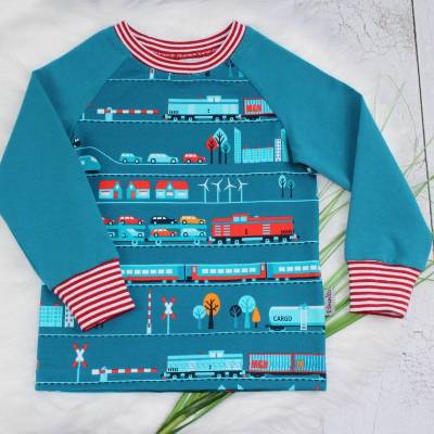 Langarmshirt Eisenbahn Longsleeve Raglan Raglanshirt Streifen handmade genäht petrol rot