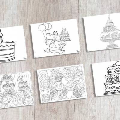 Tischsets | Platzsets - Malvorlage "Kindergeburtstag-Set" zum Ausmalen aus Papier - 44 x 32cm - 12 Stück mit hoc