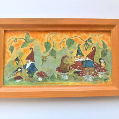 Serviettenbild Motiv "Zwerge" auf Holzrahmen