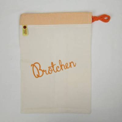 Baumwoll- Brötchenbeutel / Brötchentüte in creme und kariertem Rand  mit Schriftzug "Brötchen"  - Zero Waste  