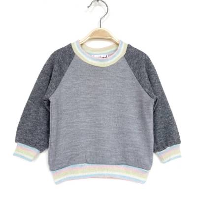 Wollpullover Größe 80 grau mit pastellfarbenen Bündchen / Upcycling Babypullover