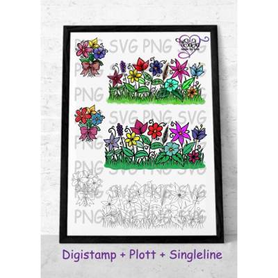 Plotterdatei, Digistamp & Singleline "Endlosblumenwiese und Strauß" SVG&DXF, PNG