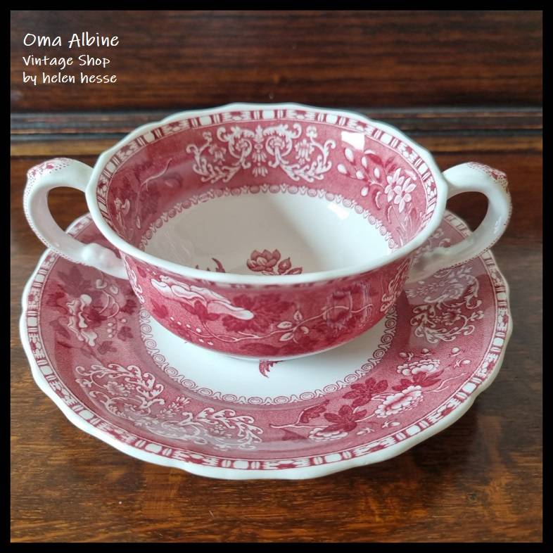 Vintage SUPPENTASSE MIT UNTERTELLER - alte englische Porzellanmanufaktur Spode - CAMILLA PINK