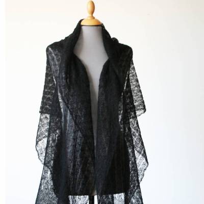 Elegante schwarze Stola aus Mohair und Seide, festliches Umschlagtuch, Abendstola,  Geschenk für Frauen