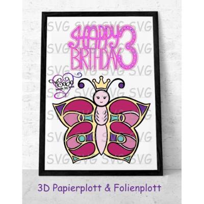 Plotterdatei "3.Geburtstag Schmetterling" und "Happy 3. Birthday Schild" , SVG, DXF