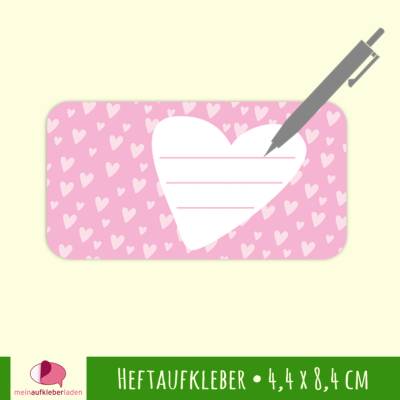 12 Heftaufkleber | Herzchen rosa - Schulaufkleber zum selbstbeschriften - 4,4 x 8,4 cm