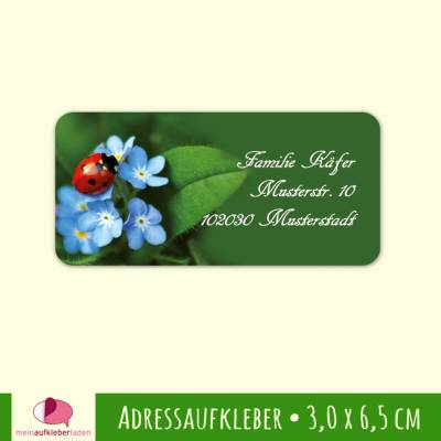 24 Adressaufkleber | Marienkäfer auf Vergissmeinnicht - eckig 3,0 x 6,5 cm