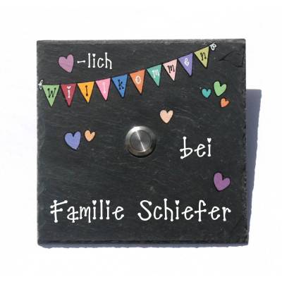 Schieferklingel Wimpelkette Bunt Pastell – Personalisiertes Klingelschild handgemalt mit Wunschname