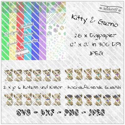 Plotterdatei Bundle - Katzen - Kitty  - Gizmo - Digistamp - Digipapier  - PNG - DXF + SVG - Datei - Mithstoff