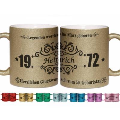 Glitzer Tasse Geburtstag mit Monat, Jahr, Name und Text / 9 Farben / Sparkle Glitter Edel / Glitzertasse Legenden