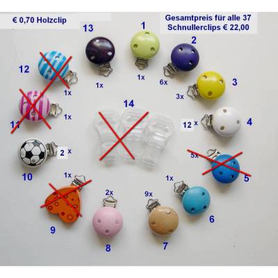 Schnullerclip, Schnullerketten-Clip, Holzclip, Kinderwagenkette, Schmullerband-Clip, Konvolut, Holzclips, Schnullerclips