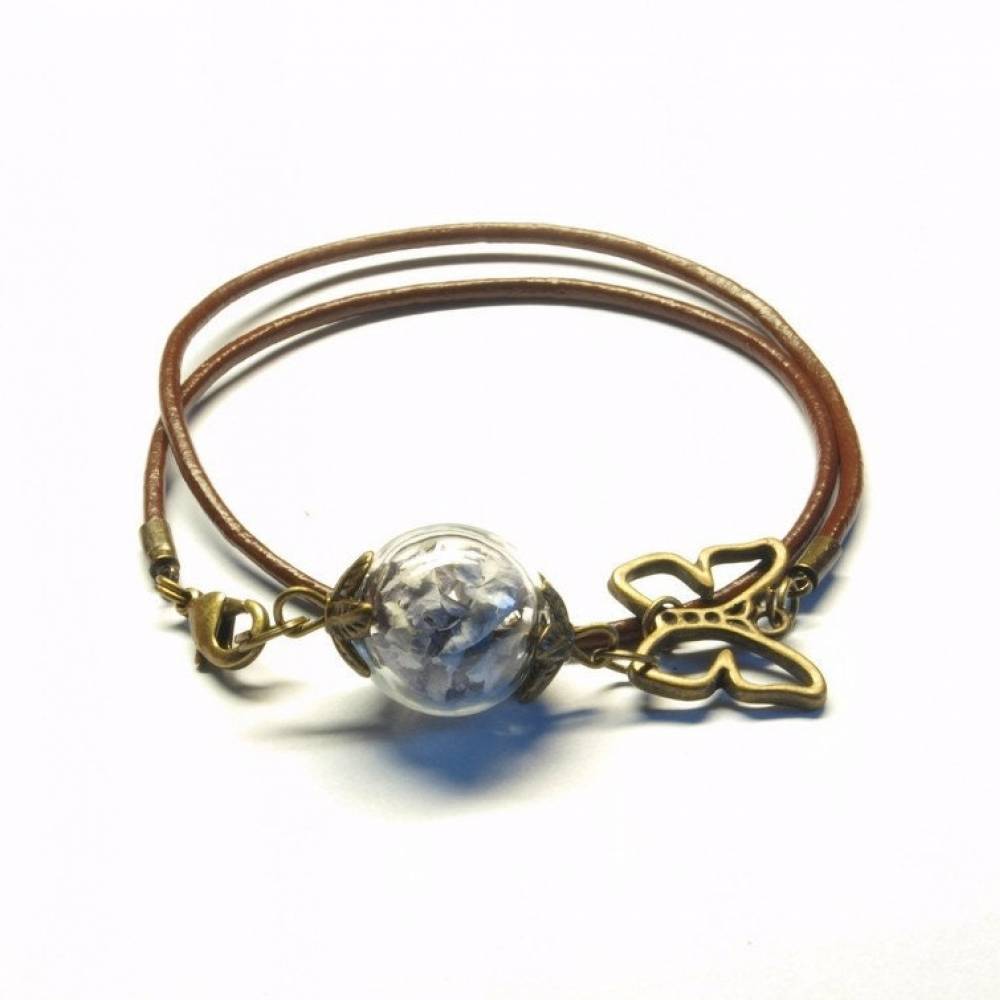 Armreifen nach Wahl Echte Blüten blau Glas Perle Armband Leder