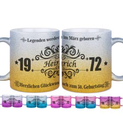 Glitzer Tasse Geburtstag mit Monat, Jahr, Name und Text / 6 verschiedene Farben / Sparkle Glitter Edel / Legenden
