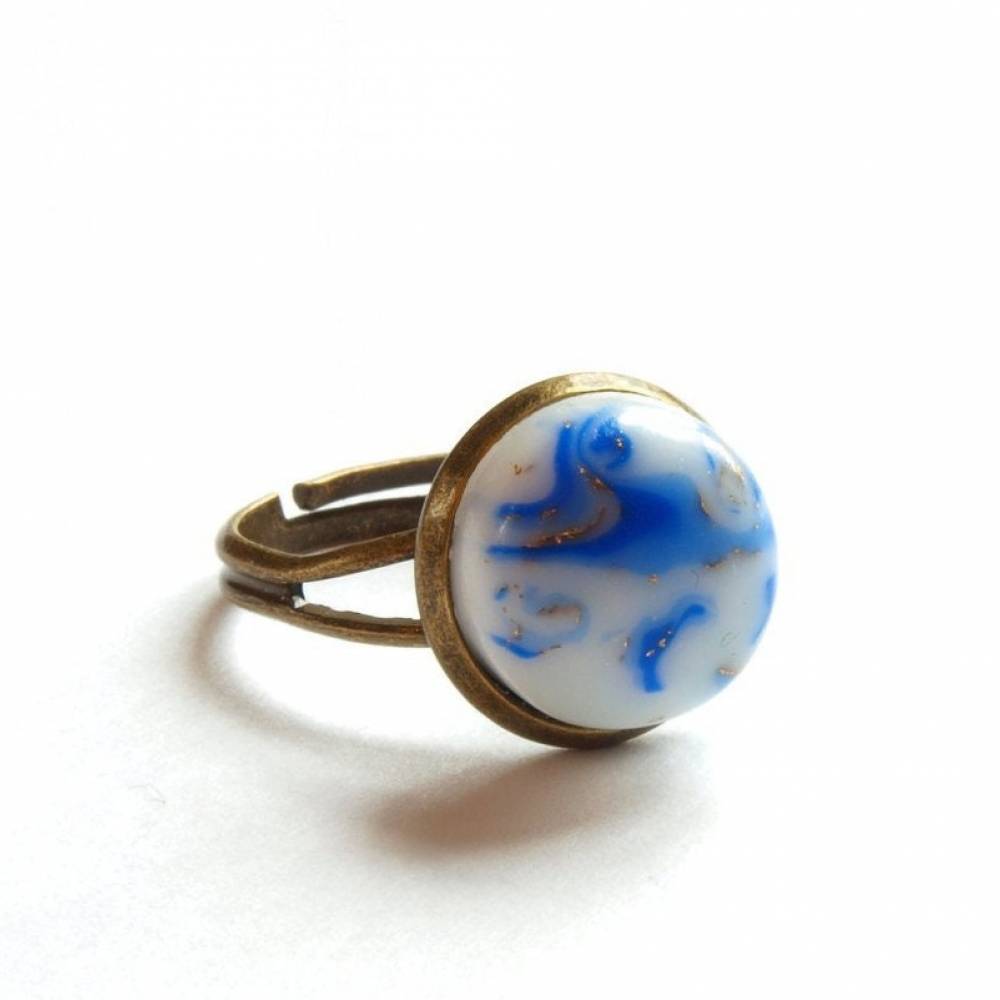 Ring Cabochon Fimo vintage bronze blau weiß