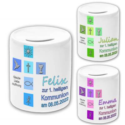 Spardose mit Name und Datum / Geschenk zur Taufe Kommunion Firmung oder Konfirmation / Text abänderbar / 3 Farben